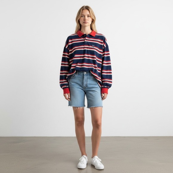 PLAYBOY Tops - Playboy by PacSun‎ University Striped Rugby Polo Shirt Navy Red White Medium